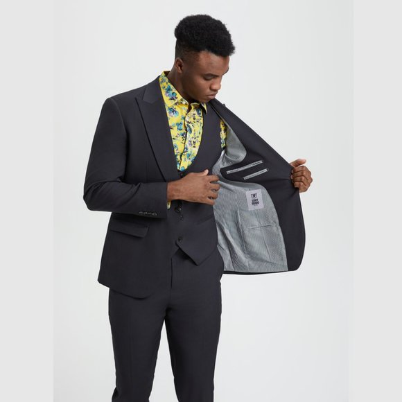 Stacy Adams Solid 3pc Men's Suit w/ U-Neck Vest, Dark Charcoal - Picture 4 of 5